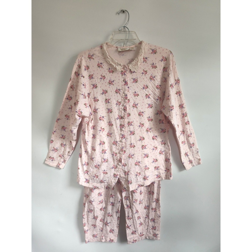 Vintage Victoria's Secret Pajama Set Medium Gold Label Lace Pink Floral Cotton